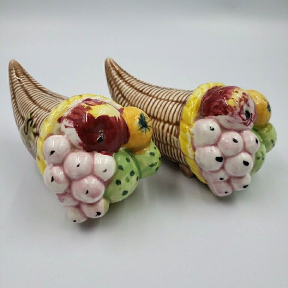 Vintage Cornucopia Salt and Pepper Shakers Fruit Basket Tilso Japan Thanksgiving